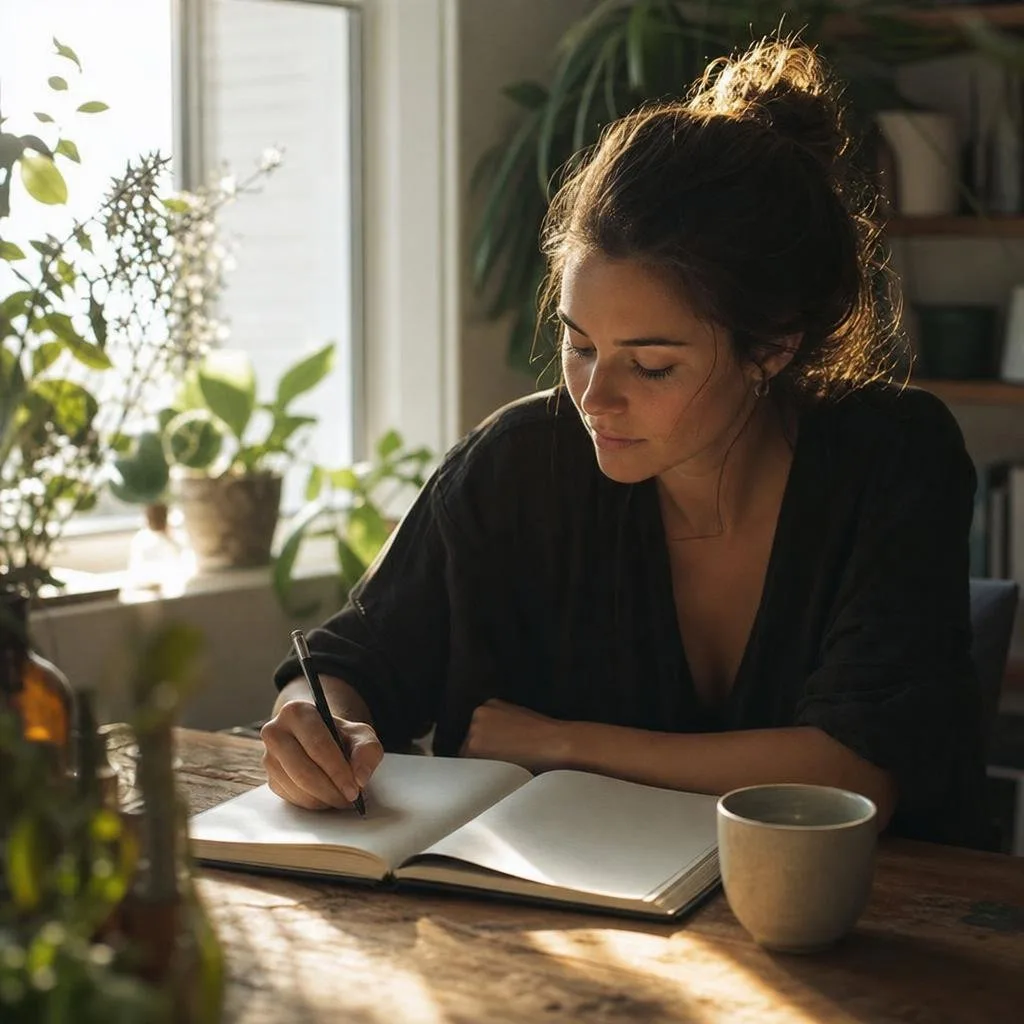 A tidy bedside table with an open notebook, reading glasses, and a small plant in soft evening light